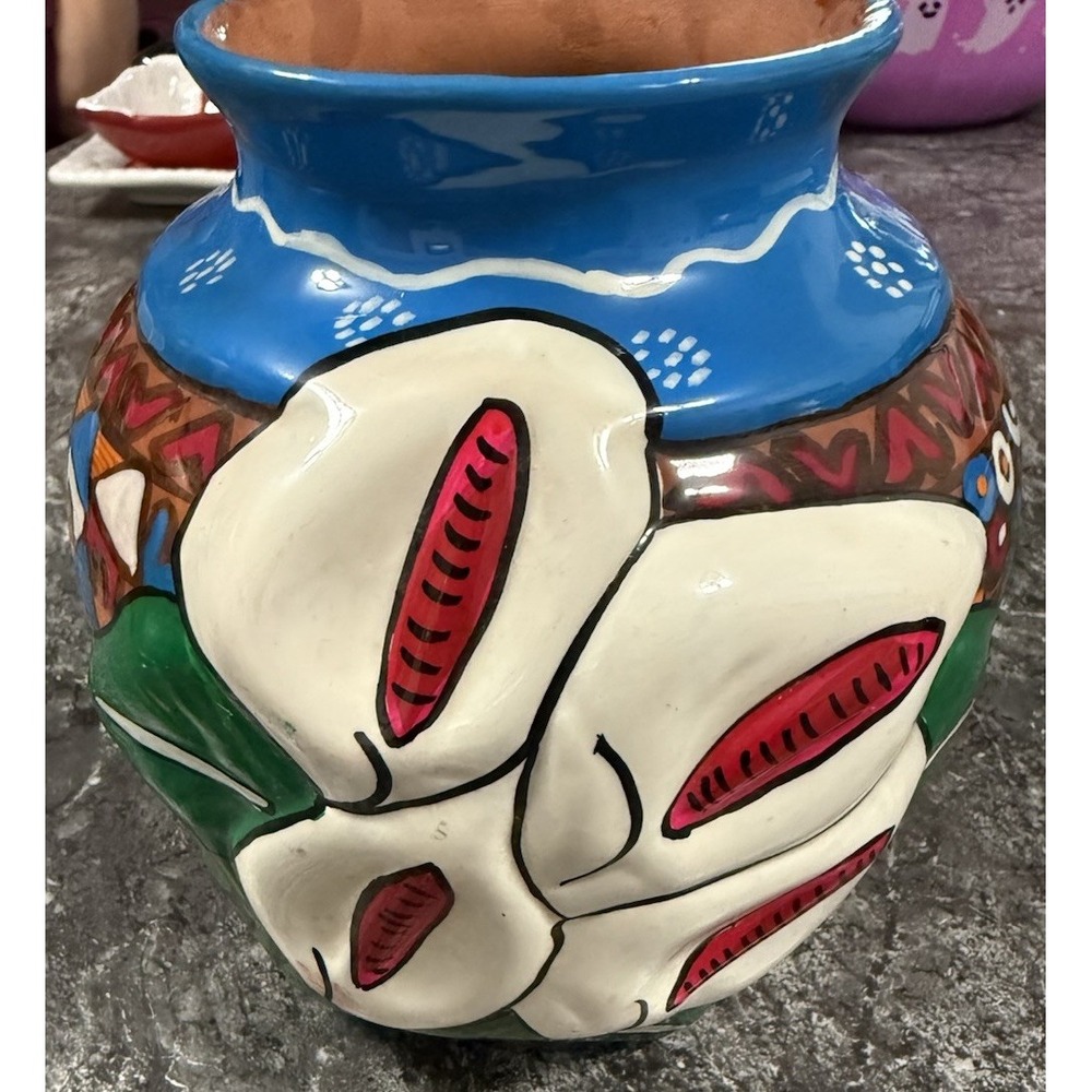Mexican Pottery Terra‎ Cotta Vase Pot folk Art Hand Painted 3D Flower